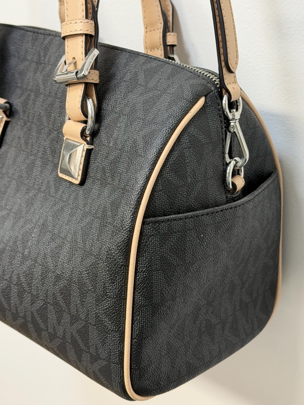 Michael Kors Black Logo Satchel with Tan Handles - Picture 3 of 8